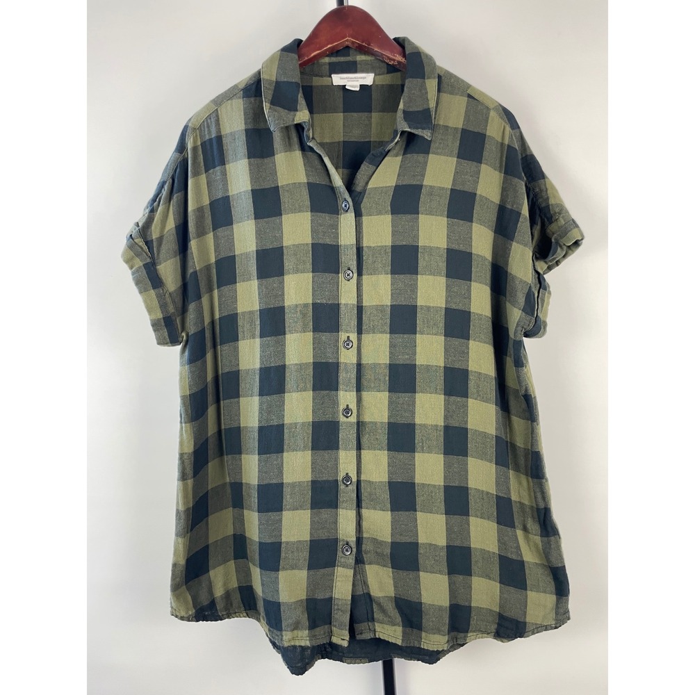 Beachlunchlounge Womens Olive Green Buffalo Plaid Cotton Button Down Shirt Sz‎ L